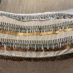 White Belly Dance Hip Scarf with Gold Coins